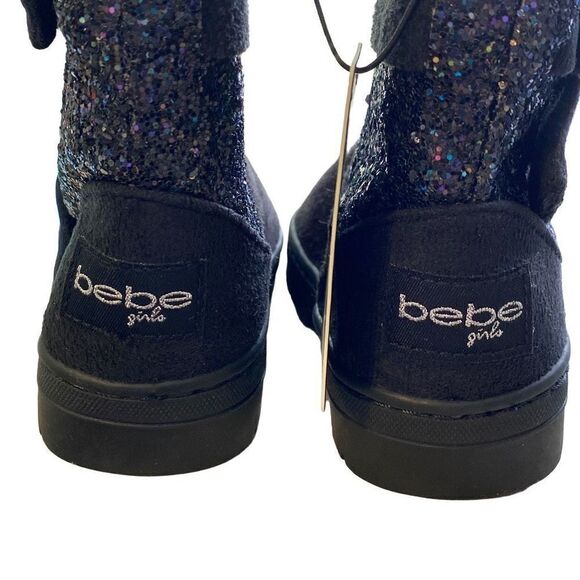 New Bebe Girls Black with Glitter and Bow Faux Suede Boots Size 7 Faux Fur Linin - Picture 4 of 10